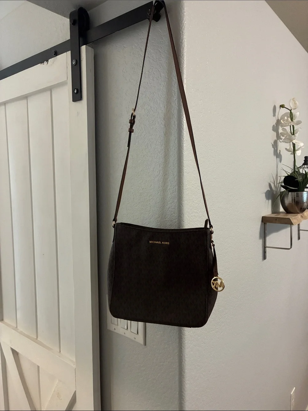NWOT!!! Michael Kors Dark Brown Monogram Crossbody with Gold Charm